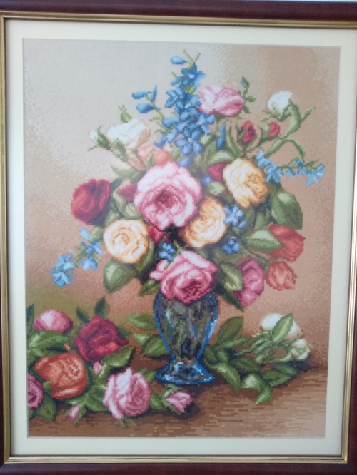 Cross-stitch Roses in a blue vase